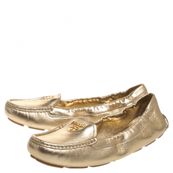 Pre Owned Prada Gold Leather Scrunch Slip On Loafers Size 38.5
