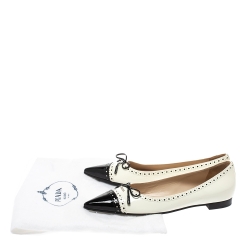 Pre Owned Prada White/Black Patent Leather Bow Pointed Toe Ballet Flats Size 38