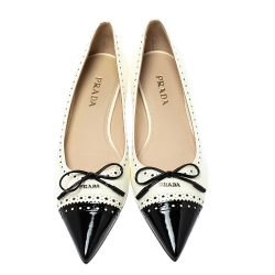 Pre Owned Prada White/Black Patent Leather Bow Pointed Toe Ballet Flats Size 38