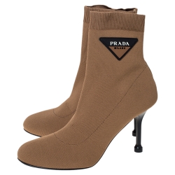 Pre Owned Prada Beige/Black Stretch Knit Fabric Slip On Ankle Booties Size 37.5