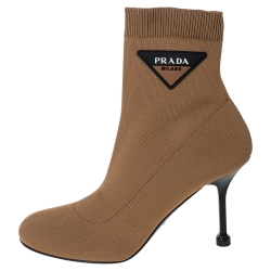 Pre Owned Prada Brown Stretch Fabric Ankle Booties Size 37.5
