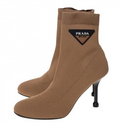 Pre Owned Prada Brown Stretch Fabric Ankle Booties Size 37.5