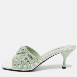 Pre Owned Prada Mint Green Satin Crystal Embellished Logo Slide Sandals Size 40
