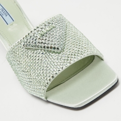 Pre Owned Prada Mint Green Satin Crystal Embellished Logo Slide Sandals Size 40