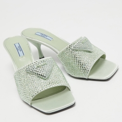 Pre Owned Prada Mint Green Satin Crystal Embellished Logo Slide Sandals Size 40
