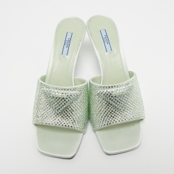 Pre Owned Prada Mint Green Satin Crystal Embellished Logo Slide Sandals Size 40