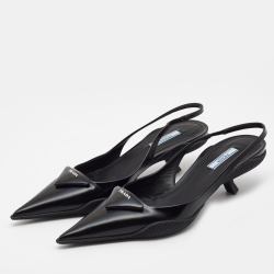 Pre Owned Prada Black Leather Slingback Logo Plaque Pumps Size 40