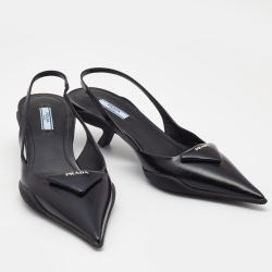 Pre Owned Prada Black Leather Slingback Logo Plaque Pumps Size 40