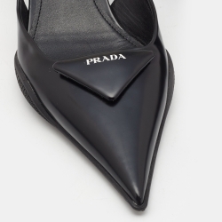 Pre Owned Prada Black Leather Slingback Logo Plaque Pumps Size 40
