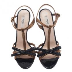 Pre Owned Prada Two Tone Patent T-Strap Bow Detail Sandals Size 38