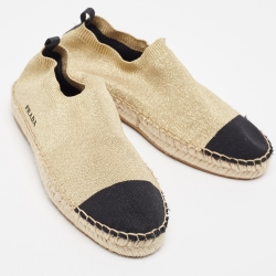 Pre Owned Prada  Gold/Black Lurex Fabric Espadrille Flats Size 39.5