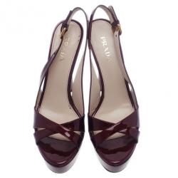 Pre Owned Prada Maroon Patent Criss Cross Platform Slingback Sandals Size 40