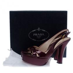 Pre Owned Prada Maroon Patent Criss Cross Platform Slingback Sandals Size 40