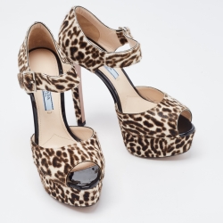 Prada Brown/White Animal Print Calf Hair Platform Ankle Strap Sandals Size 36