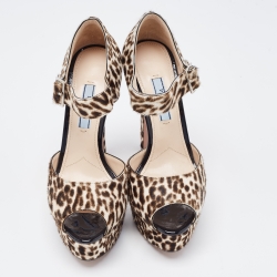 Prada Brown/White Animal Print Calf Hair Platform Ankle Strap Sandals Size 36