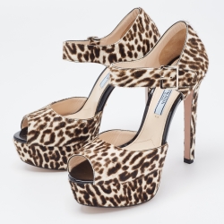 Prada Brown/White Animal Print Calf Hair Platform Ankle Strap Sandals Size 36