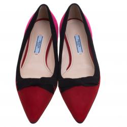 Pre Owned Prada Tricolor Suede Pointed Toe Bow Detail Ballet Flats Size 36.5