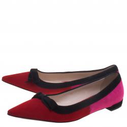 Pre Owned Prada Tricolor Suede Pointed Toe Bow Detail Ballet Flats Size 36.5