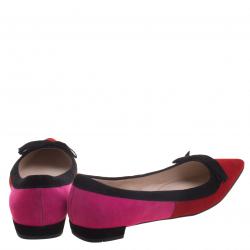 Pre Owned Prada Tricolor Suede Pointed Toe Bow Detail Ballet Flats Size 36.5