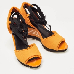 Prada Orange/Black Canvas Wedge Slingback Sandals Size 38