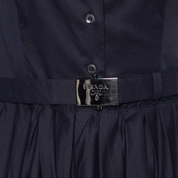 Pre Owned Prada Sport Navy Blue Stretch Poplin Gathered Midi Dress S