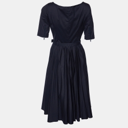 Pre Owned Prada Sport Navy Blue Stretch Poplin Gathered Midi Dress S