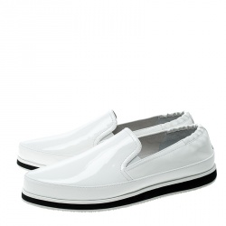 Pre Owned Prada Sport White Patent Leather Scrunch Slip On Loafer Sneakers Size 37