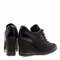 Prada Sport Black Canvas and Leather Wedge Sneakers Size 39.5