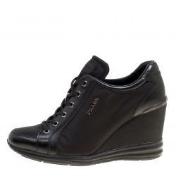 Prada Sport Black Canvas and Leather Wedge Sneakers Size 39.5