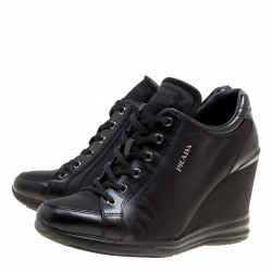 Prada Sport Black Canvas and Leather Wedge Sneakers Size 39.5