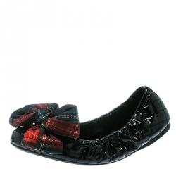 Pre Owned Prada Sport Black Quilted Patent Leather Tweed Check Print Bow Scrunch Ballet Flats Size 38.5