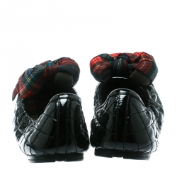 Pre Owned Prada Sport Black Quilted Patent Leather Tweed Check Print Bow Scrunch Ballet Flats Size 38.5