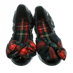 Pre Owned Prada Sport Black Quilted Patent Leather Tweed Check Print Bow Scrunch Ballet Flats Size 38.5