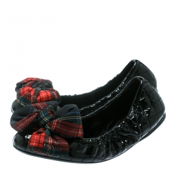 Pre Owned Prada Sport Black Quilted Patent Leather Tweed Check Print Bow Scrunch Ballet Flats Size 38.5
