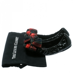 Pre Owned Prada Sport Black Quilted Patent Leather Tweed Check Print Bow Scrunch Ballet Flats Size 38.5