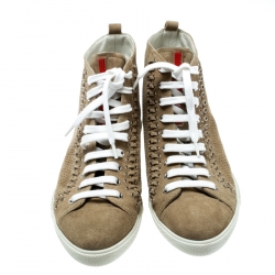 Pre Owned Prada Sport Beige Suede Eyelet Detail High Top Sneakers Size 37