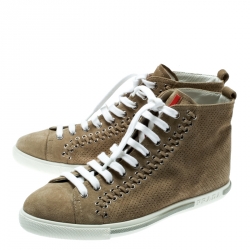 Pre Owned Prada Sport Beige Suede Eyelet Detail High Top Sneakers Size 37