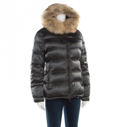 Prada Sport Grey Quilted Fox Fur Hooded Zip Front Down Jacket S