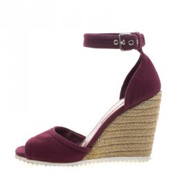 Prada Sport Bordeaux Denim Ankle Strap Espadrille Wedge Sandals Size 37