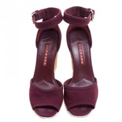 Prada Sport Bordeaux Denim Ankle Strap Espadrille Wedge Sandals Size 37