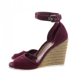 Prada Sport Bordeaux Denim Ankle Strap Espadrille Wedge Sandals Size 37