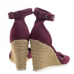 Prada Sport Bordeaux Denim Ankle Strap Espadrille Wedge Sandals Size 37