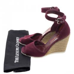 Prada Sport Bordeaux Denim Ankle Strap Espadrille Wedge Sandals Size 37