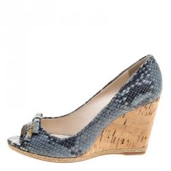 Pre Owned Prada Sport Embossed Python Leather Peep Toe Wedge Espadrille Sandals Size 35