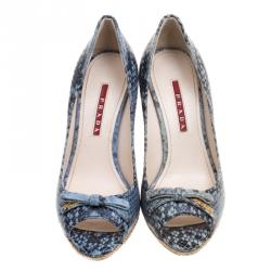 Pre Owned Prada Sport Embossed Python Leather Peep Toe Wedge Espadrille Sandals Size 35