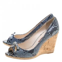 Pre Owned Prada Sport Embossed Python Leather Peep Toe Wedge Espadrille Sandals Size 35