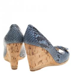 Pre Owned Prada Sport Embossed Python Leather Peep Toe Wedge Espadrille Sandals Size 35