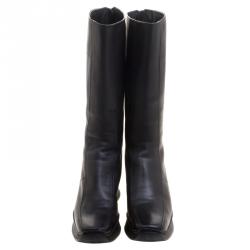 Pre Owned Prada Sport Black Leather Square Toe Mid Calf Boots Size 35