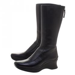 Pre Owned Prada Sport Black Leather Square Toe Mid Calf Boots Size 35