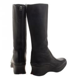 Pre Owned Prada Sport Black Leather Square Toe Mid Calf Boots Size 35